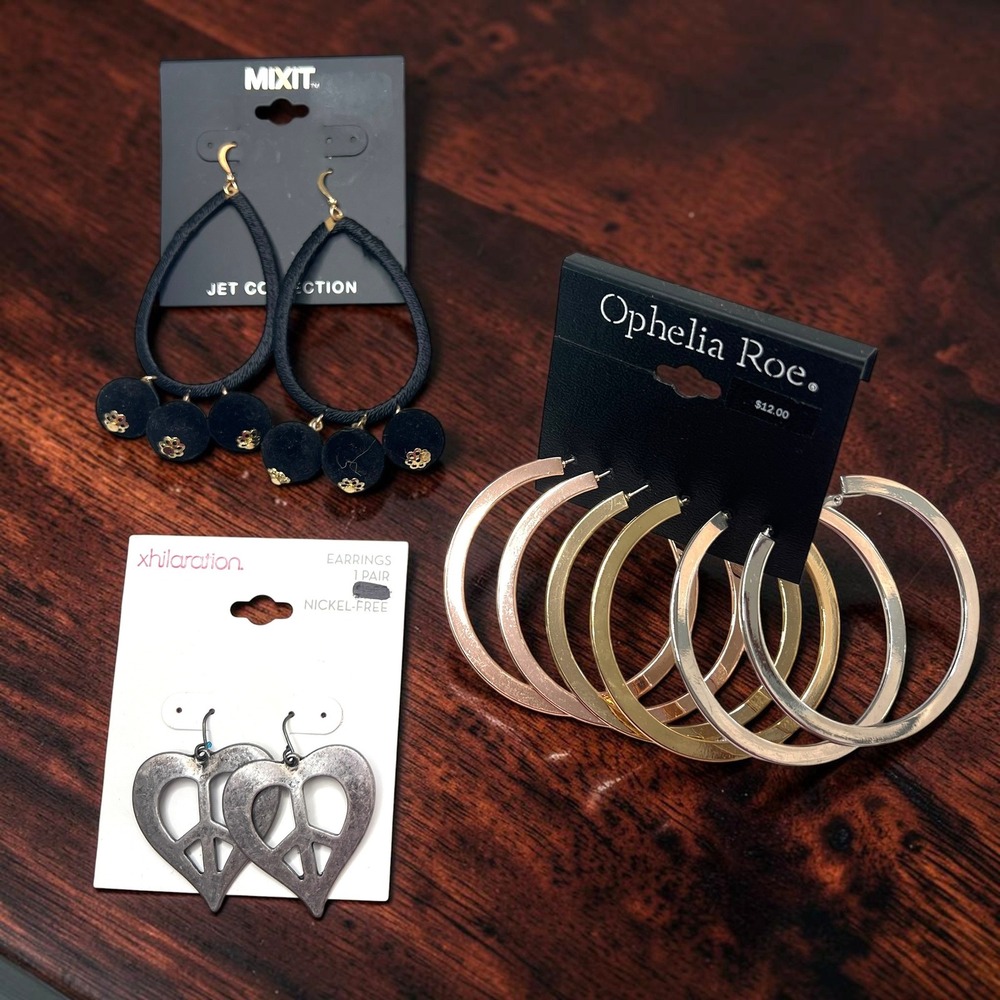 3 Pair Statement‎ Earrings Lot Ophelia Roe Hoops Mixit Pom Pom Xhilaration Peace